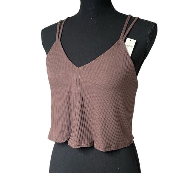 Aerie Espresso Brown Ribbed Lace Back Crop Top - Picture 1 of 7